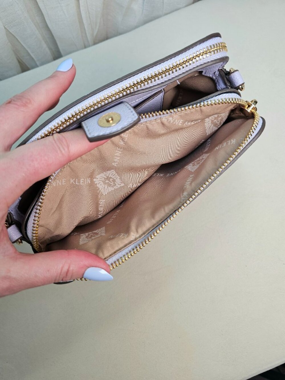 Anne Klein Lavender Cork Double Zip Camera Crossbody Bag Gold Chain Strap - Picture 7 of 15